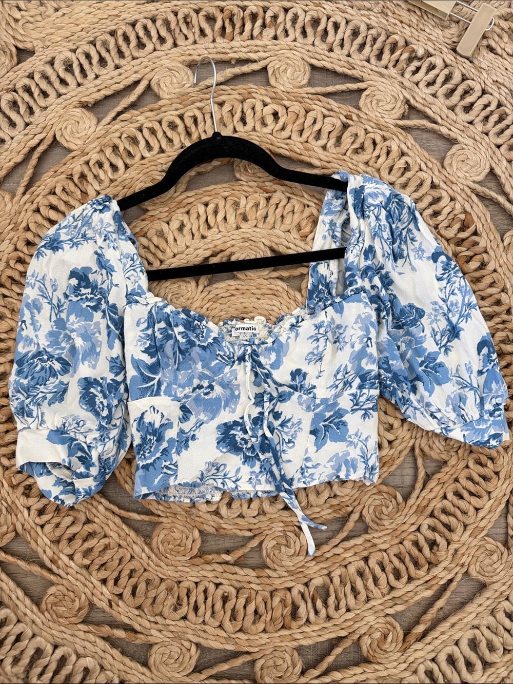 Reformation Blue and White Floral Puff-Sleeve Crop Top